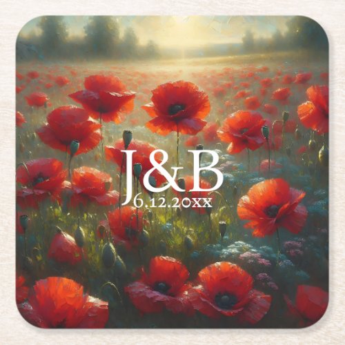 Red Poppies Floral Wedding Personalized Square Paper Coaster