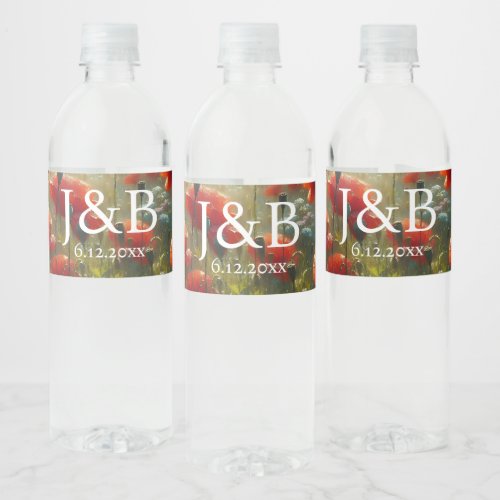 Red Poppies Floral Wedding Personalized Water Bottle Label