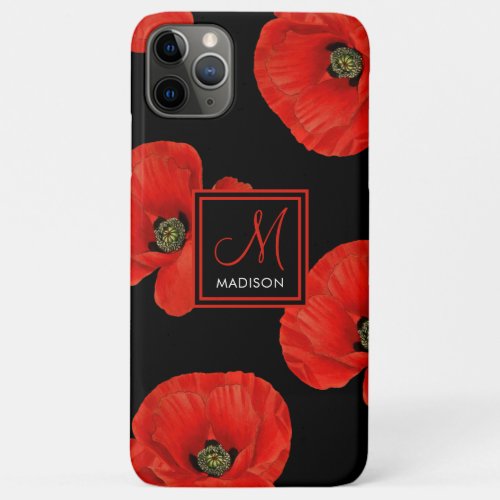 Red Poppies Floral with Name and Monogram iPhone 11 Pro Max Case