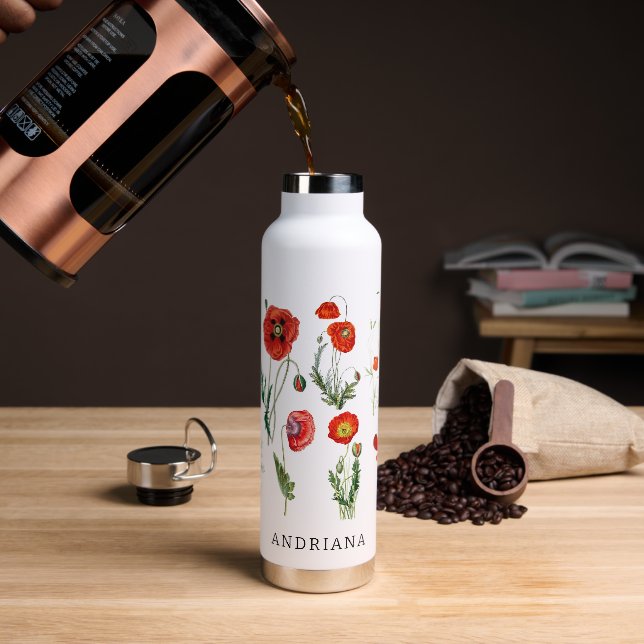 Red Poppies Florals Water Bottle (Coffee)