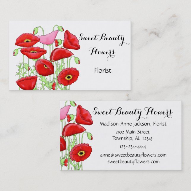 Red Poppies Flowers Modern Simple Custom Florist Business Card (Front/Back)