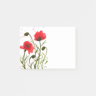 Red poppies flowers watercolor rustic chic post-it notes