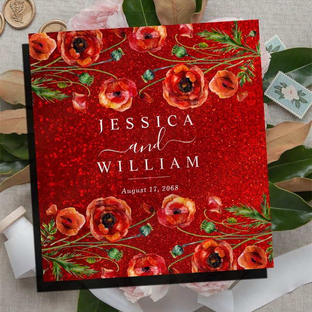 Red Poppies Glitter Elegant Wedding Photo Album 3 Ring Binder (Creator Uploaded)