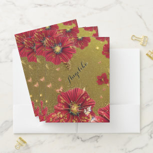 Red Poppies Gold Glitters Custom Name Pocket Folder