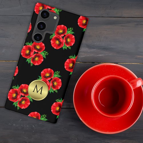 Red Poppies Gold Monogram  Samsung Galaxy S22 Ultra Case