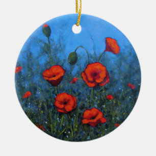 Red Poppies, Hand Painted, Floral Art Ceramic Ornament