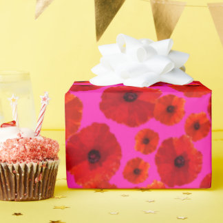 Red Poppies Hot Pink Patterned Birthday Wrapping Paper