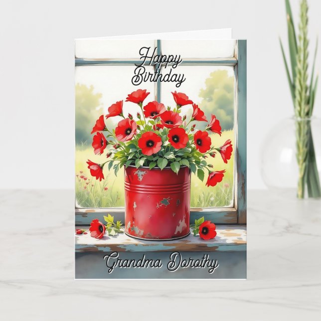 Red Poppies in a Coffee Tin Personalized Birthday  Card (Front)