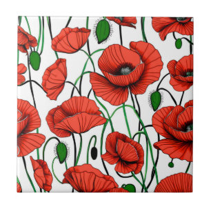 Red Poppies in a Field on White Ceramic Tile