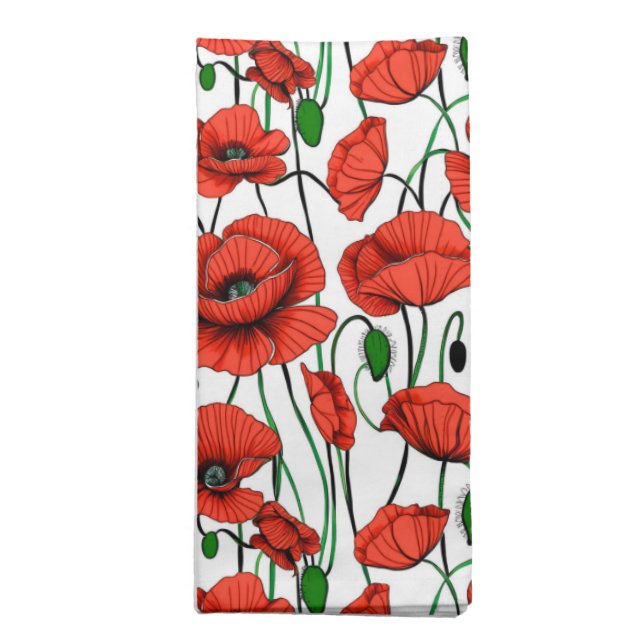 Red Poppies in a Field on White Cloth Napkin (Folded)