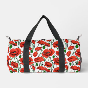 Red Poppies in a Field on White Duffle Bag