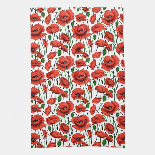 Red Poppies in a Field on White Kitchen Towel (Vertical)