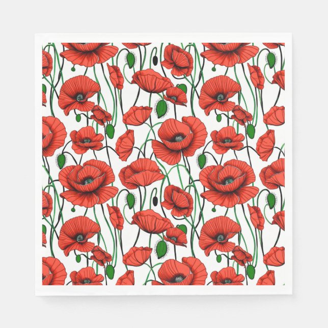 Red Poppies in a Field on White Napkins (Front)