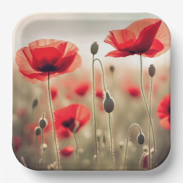 Red Poppies In a Field Paper Plates (Front)