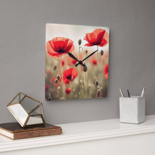 Red Poppies In a Field Square Wall Clock