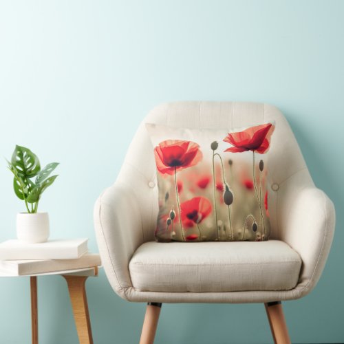 Red Poppies In a Field Throw Pillow