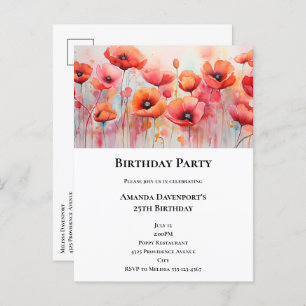 Red Poppies in a Field Watercolor Birthday Invitation Postcard