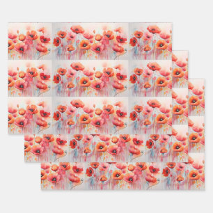 Red Poppies in a Field Watercolor Pattern Wrapping Paper Sheets