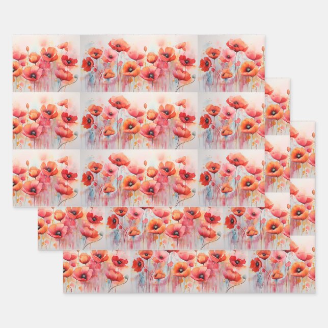 Red Poppies in a Field Watercolor Pattern Wrapping Paper Sheets