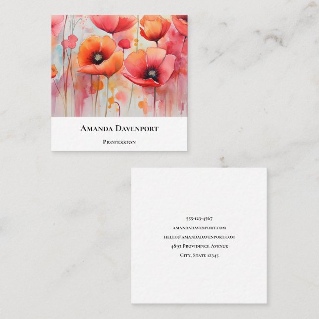 Red Poppies in a Field Watercolor Square Business Card (Front/Back)