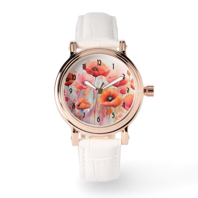 Red Poppies in a Field Watercolor Watch (Front)