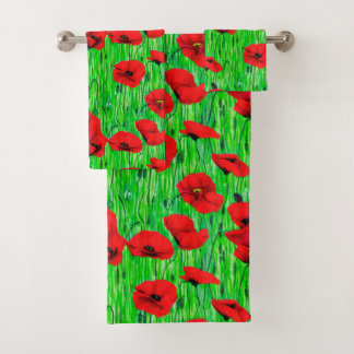 Red Poppies in a Green Field  Bath Towel Set