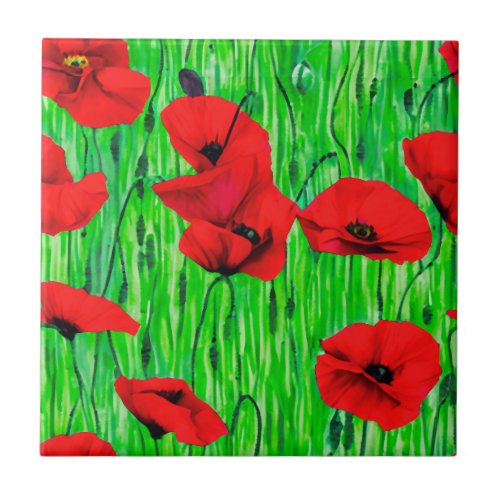 Red Poppies in a Green Field Ceramic Tile