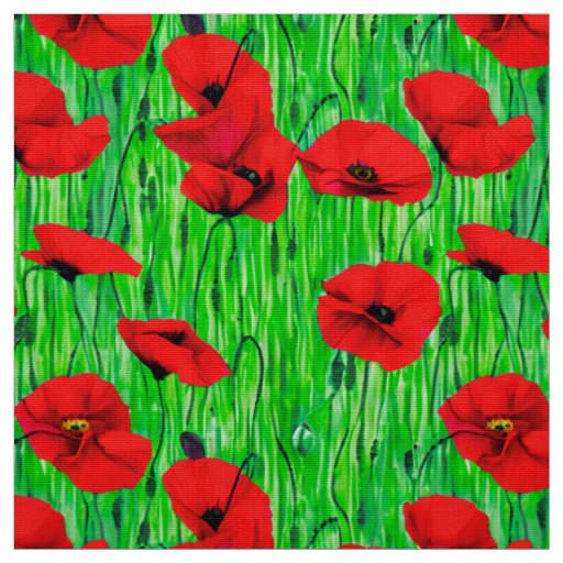 Red Poppies in a Green Field Fabric