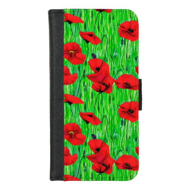 Red Poppies in a Green Field  iPhone Wallet Case (Front)
