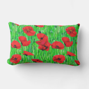 Red Poppies in a Green Field Lumbar Pillow