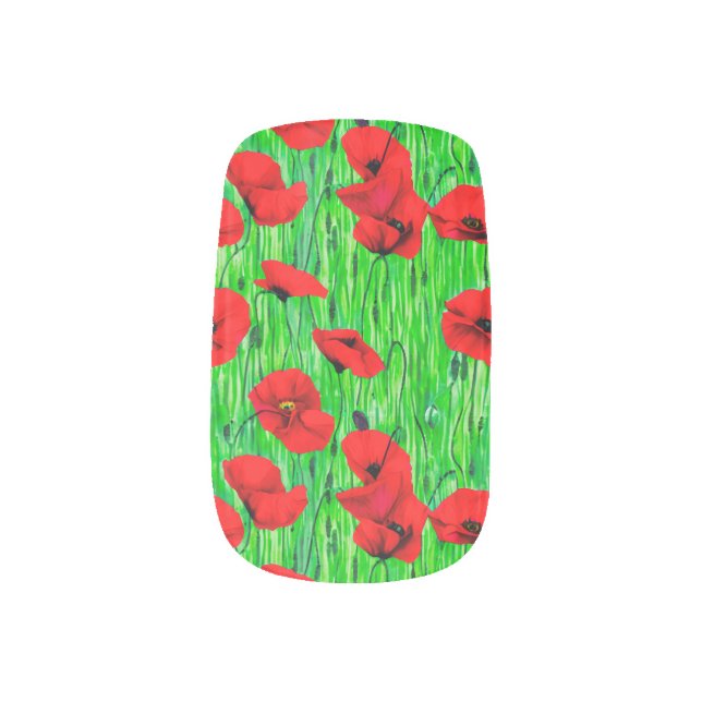 Red Poppies in a Green Field Minx Nail Art (Left Thumb)