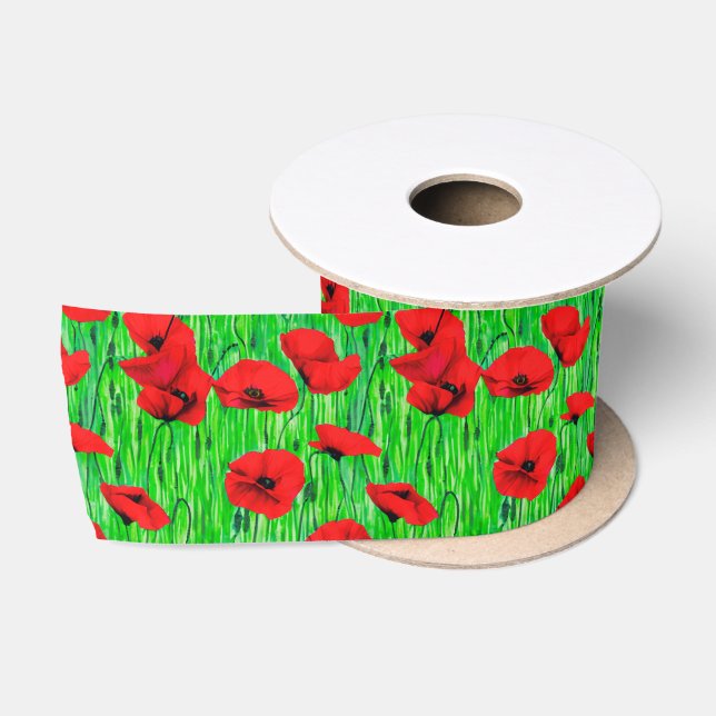 Red Poppies in a Green Field  Satin Ribbon (Spool)