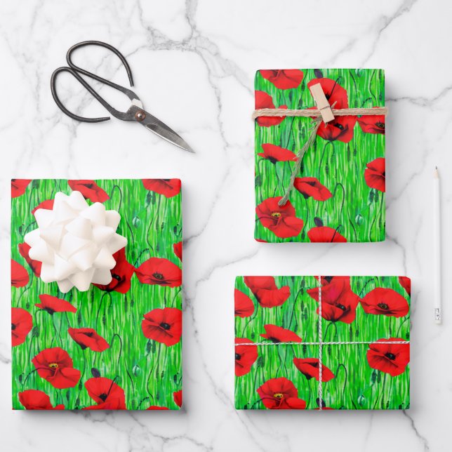 Red Poppies in a Green Field  Wrapping Paper Sheets (Front)