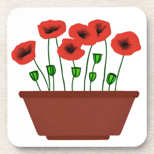 Red Poppies in a Terracotta Planter  Beverage Coaster