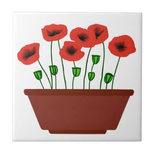 Red Poppies in a Terracotta Planter  Ceramic Tile