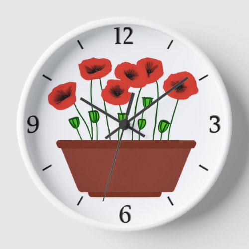 Red Poppies in a Terracotta Planter  Clock