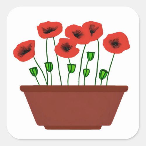 Red Poppies in a Terracotta Planter Square Sticker