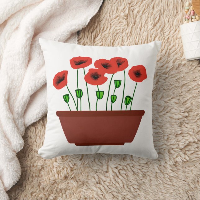 Red Poppies in a Terracotta Planter  Throw Pillow (Blanket)