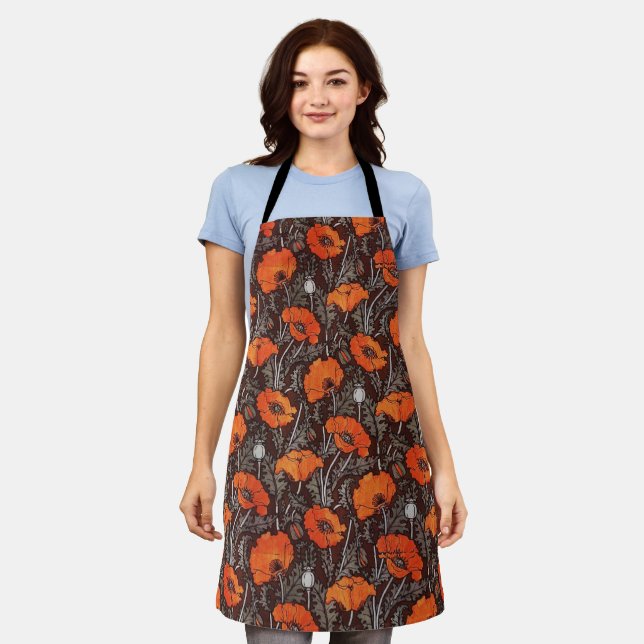 RED POPPIES IN BLACK WHITE Poppy Field Floral  Apron (Worn)