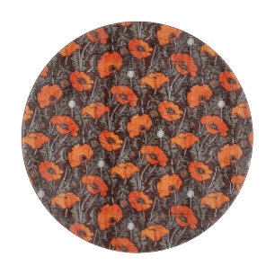 RED POPPIES IN BLACK WHITE Poppy Field Floral Cutting Board