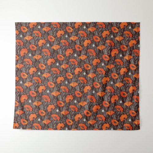 RED POPPIES IN BLACK WHITE Poppy Field Floral Tapestry