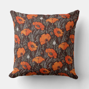 RED POPPIES IN BLACK WHITE Poppy Field Floral Throw Pillow