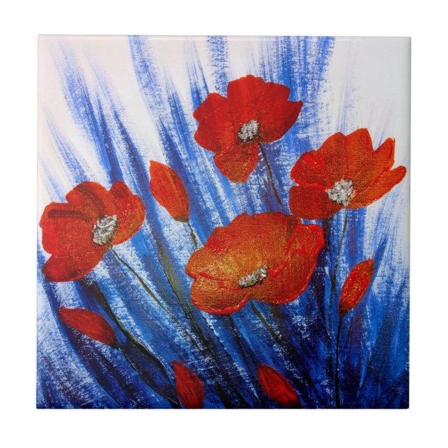 Red Poppies in Blue grass    Ceramic Tile (Front)