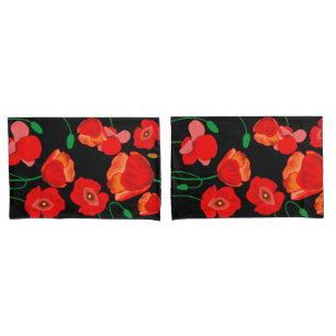 Red Poppies in Full Bloom Black Background Pillow Case