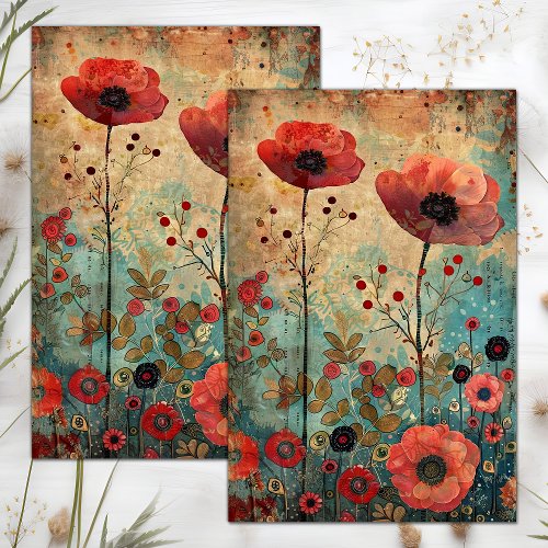 RED POPPIES IN MEADOW COLLAGE DECOUPAGE TISSUE PAPER