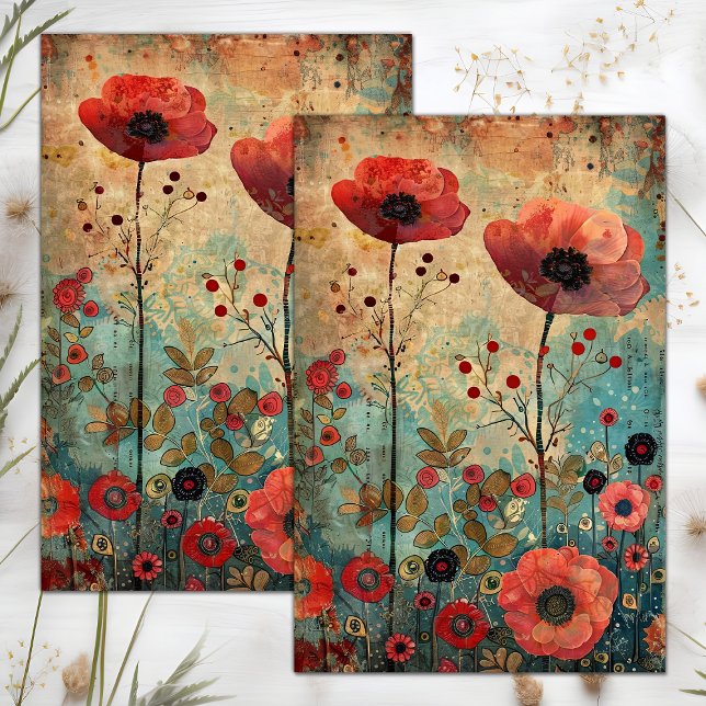 RED POPPIES IN MEADOW COLLAGE DECOUPAGE TISSUE PAPER (RED POPPIES IN MEADOW COLLAGE DECOUPAGE TISSUE PAPER)