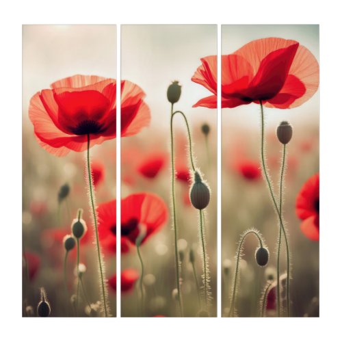 Red Poppies In Sunny Field Triptych