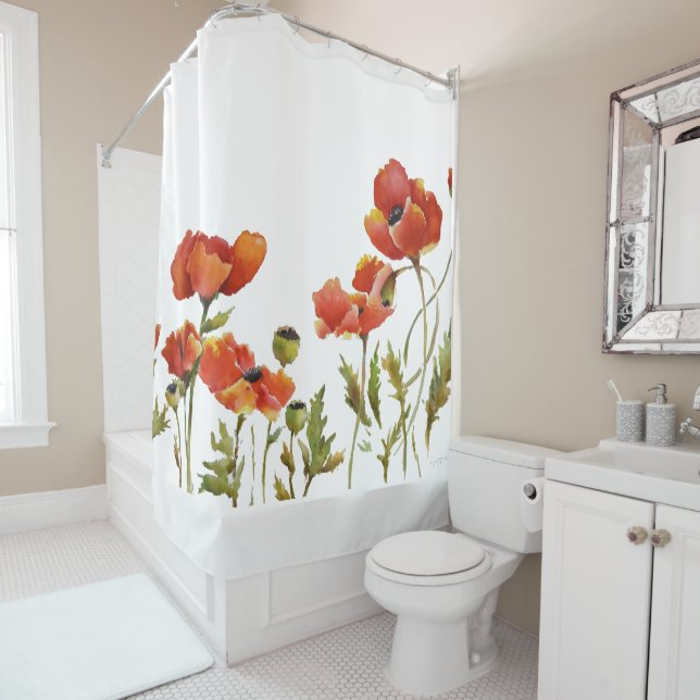Red Poppies in the breeze watercolor painting Shower Curtain (In Situ)