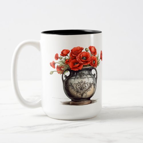 Red poppies in victorian vase  Two_Tone coffee mug