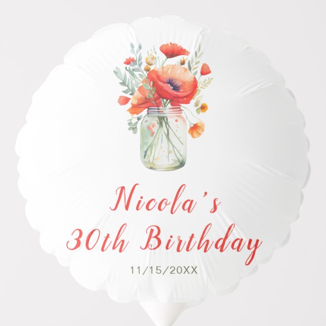 Red Poppies Mason Jar Birthday Balloon (Front)